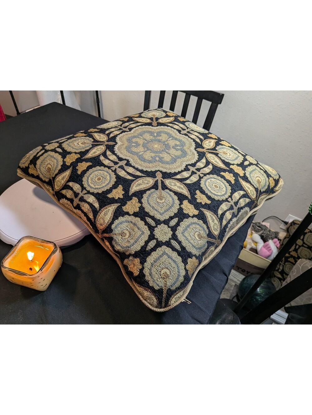 Navy Blue Gold Floral Medallion Decorative Throw Pillow